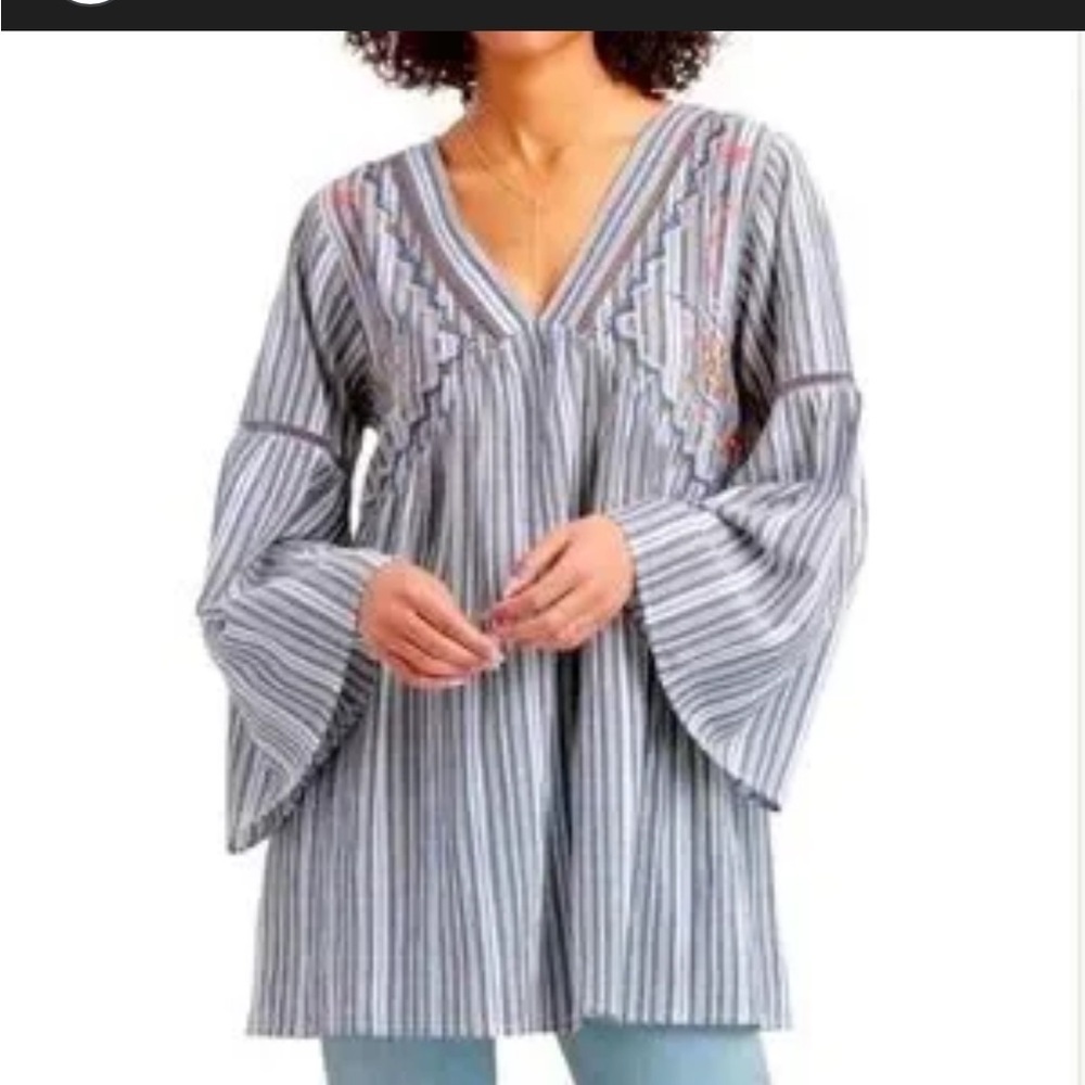 World Market Embroidered Floral Blue White Striped Cotton V Neck Tunic Mini XL